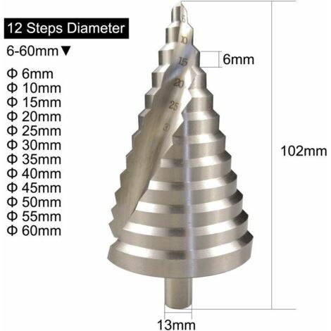 Foret étagé HSS 6-60mm Spirale Fente Conique Fraise 12 étapes Pour Visseuse Percage sur Acier Laiton Bois Plastique,etc (1/4)