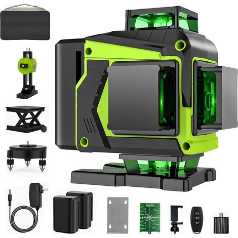 Niveau Laser Chantier Autonivelant 4 x 360°, Vert 4D 16 Lignes, niveau laser 360 autonivelant avec 2 x Batterie, IP54, Support Rotatif, Télécommande (1/5)