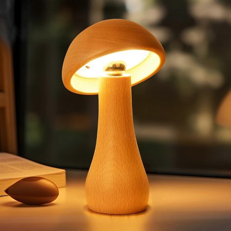 Lampe champignon en bois sans fil, rechargeable sur batterie, interrupteur tactile, intensité lumineuse réglable en continu, veilleuse rotative à 360° (1/5)