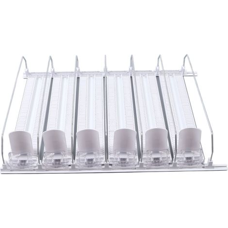 Distributeur de boissons auto-propulsé, 6 rangées, largeur réglable, à ressort, grande capacité (38 cm), blanc, pour réfrigérateur. (1/5)