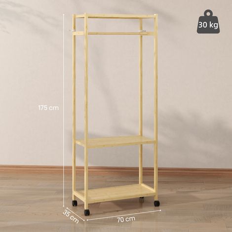 Étagère de bar, porte-vêtements sur pied avec 4 roulettes en bambou, 70 x 35 x 175 cm, bois naturel (1/5)