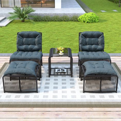 5-teiliges Gartenmöbel-Set mit Tisch Stühlen und Hockern wetterfest aus PE-Rattan und Metall modern Schwarz und Grau