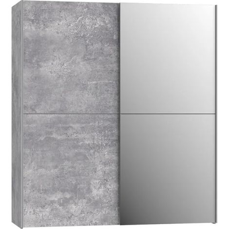 Armoire 2 portes coulissantes 5 tablettes béton gris miroir - JEIK (1/5)