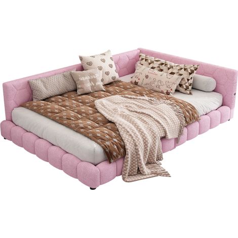 Lit de jour, 140200cm, canapé-lit, lit avec sommier à lattes (sans matelas), éclairage d’ambiance 16 couleurs, port USB, Type-C, matériau confortable, imitation non-tissée, rose
