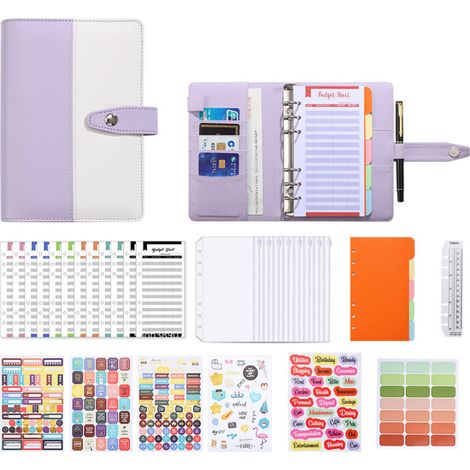1 classeur à anneaux A6 à fermeture éclair avec boutons-pression, règle, carnet à macarons, carnet à anneaux en similicuir, agenda de budget, YMX-011, format vertical, violet et blanc, taille unique. (1/2)