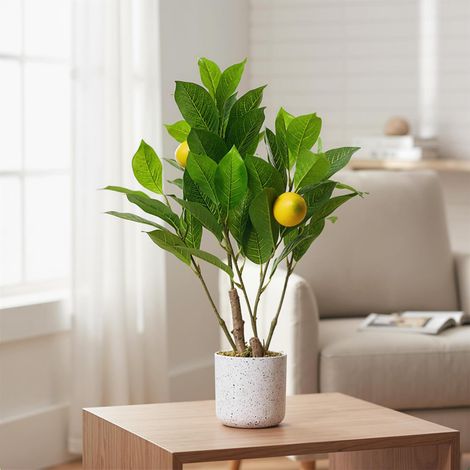 Plantes artificielles réalistes en pot pour décoration intérieure – Lot de 2 citronniers, feuillage vert, pot effet marbre blanc, base en ciment, idéales pour cuisine, salon ou bureau (1/5)
