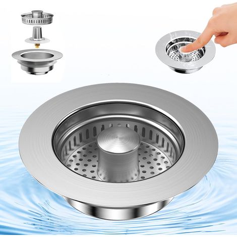 Filtre d'évier de cuisine et bouchon de lavabo pop-up 3 en 1 en acier inoxydable avec panier anti-obstruction - Diamètre : 75 à 87 mm (1/5)