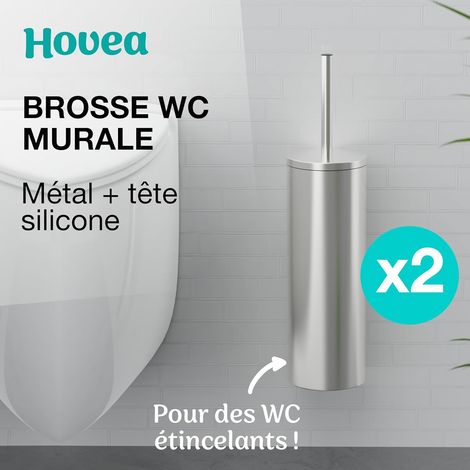 2 Kits Brosse WC Suspendu - Brosse Silicone & Boitier Métal - INOX 304 Anti-Rouille - sans Perçage - Fixation Murale avec Sticker ou Vis - Balai Brosse Toilettes Décoration - WC3621