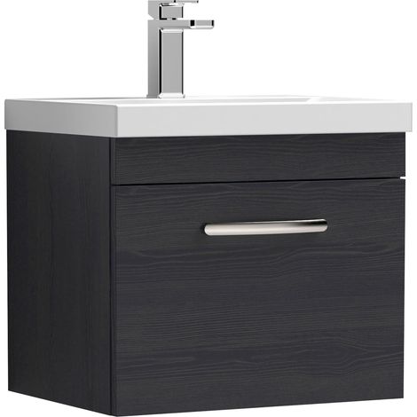 Nuie Athena Charcoal Black Woodgrain 500mm Wall Hung Single Drawer Vanity Unit and Thin Edge Ceramic Basin - ATH012D (1/10)