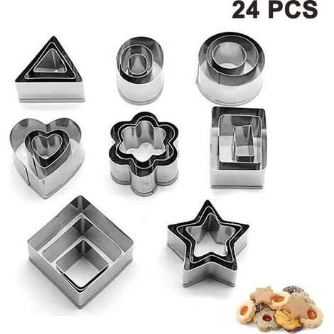 Set of 24 mini geometric cookie cutters in the shape of a heart, triangle, round and small circle, made of stainless steel.