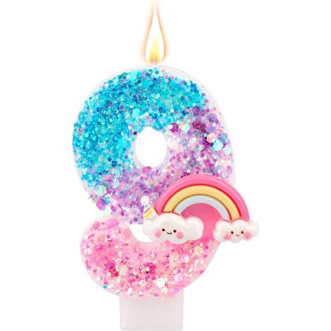 Bougie d'Anniversaire Arc-En-Ciel Numérotée, Bougies Macarons Colorées et Brillantes pour Gâteau d'Anniversaire Accessoires de Fête sur le Thème du Dessin Animé (Numéro 9) (1/5)