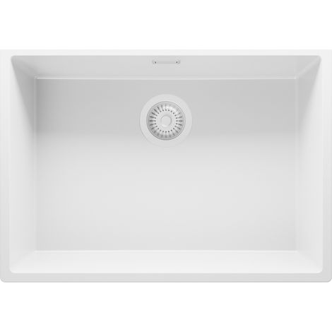 PRIMAGRAN Evier Sous Plan 66x47cm, Evier en Granit 1 bac + Kit de Vidage, Évier au meuble 70cm - London, Tout Blanc (1/5)