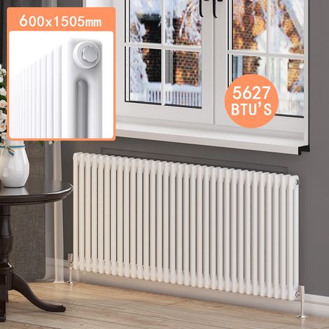 ELEGANT 600 x 1484 mm White Traditional Horizontal Radiator Double Panel Central Heating Designer Bathroom Radiators + Anthracite Thermostatic Radiator Valves (1/5)