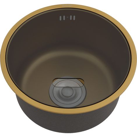 Évier de cuisine rond 36 cm doré – Mini évier encastrable en acier inoxydable avec bonde dorée et siphon inclus – pour petite cuisine, camping-car, bureau, food truck – Cuve unique design (1/5)