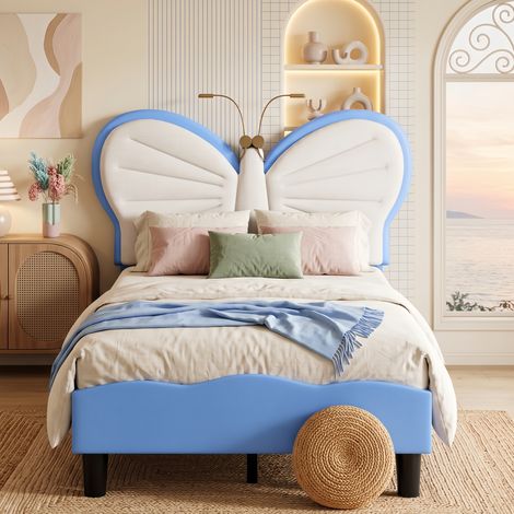 Lit enfant 90x190 cm, Lit simple avec tête de lit papillon capitonnée et sommier à lattes, style moderne, bleu