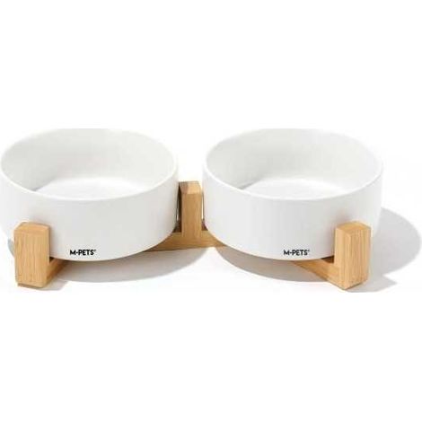 Ceramic bowls with bamboo stand 2x350 ml - Mpets - OPERA - White (1/2)