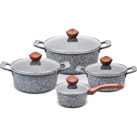 Juego de 8 ollas de granito, aptas para inducción/gas y horno de piedra.