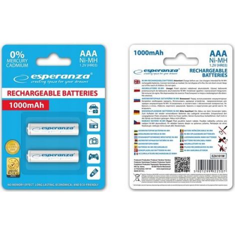 Piles Rechargeables NiMH AAA - 1,2 V 1000 mAh - Pour Télécommandes Jouets Souris - Lot de 2 (1/2)