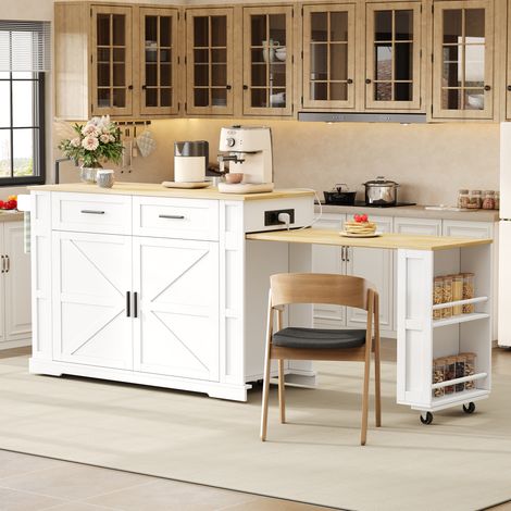 Îlot cuisine extensible 120x50x93cm desserte avec multiprise 2 tiroirs placard double porte porte-serviettes - mdf - blanc (1/5)