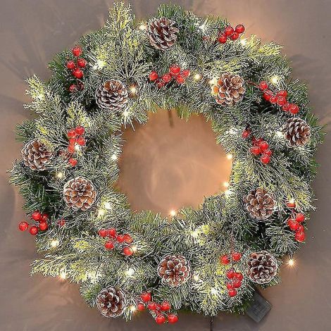 Couronne de Noël artificielle illuminée, floquée avec des décorations variées et des guirlandes lumineuses LED blanches pré-installées. (1/2)