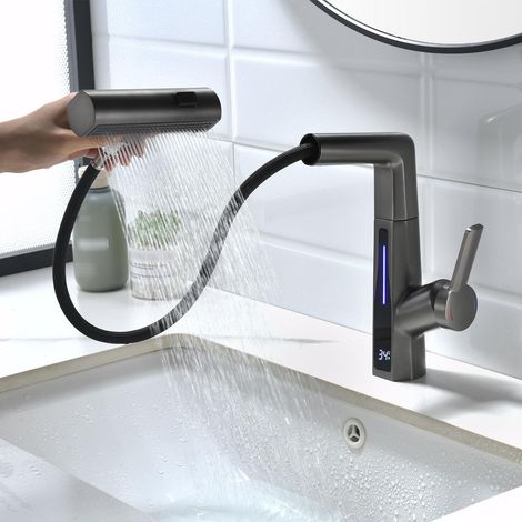 Robinet Lavabo Cascade, 3 Modes Moderne Mitigeur Lavabo avec Affichage Numérique LED, Tirable, Rotatif, Réglable en Hauteur, 59A Laiton Mitigeur de Salle de Bain, pour Salles de Bains, Hôtels (1/5)