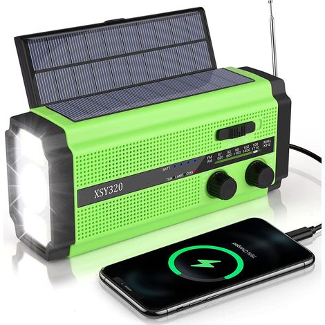Radio avec générateur solaire de 5000 mAh et lampe torche, verte. (1/3)