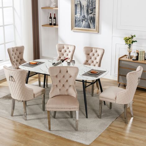 Lot de 6 chaises de salle à manger en velours beige, dossier matelassé, pieds métal, chaises rembourrées (1/5)