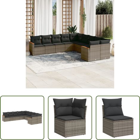 Rattanmöbel -  10-tlg. Garten-Sofagarnitur mit Kissen Grau Poly Rattan (1/5)