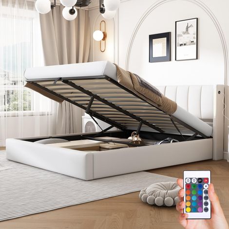 Letto contenitore 140x200 cm, con illuminazione LED, spazio di stoccaggio idraulico, funzione di ricarica USB, tessuto similpelle, letto matrimoniale capitonné - Bianco (1/5)