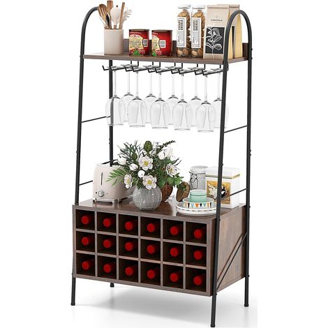 COSTWAY Estantería para Vinos, Botellero Vino para 18 Botellas y 15 Copas, Organizador de Botellas con Estantes para Cocina, Bar, Restaurante, Marrón, 63 x 32 x 114,5 cm (1/5)