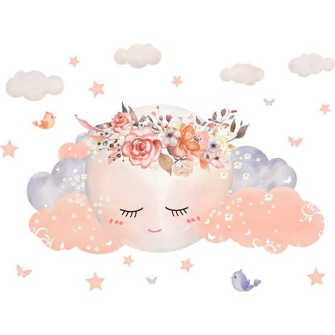 Wandtattoos für Mädchenzimmer, 60 x 30 cm, Rosa, Wolken- und Mondmotiv, Sterne und Blumen, Wanddekorationsgeschenk (1/4)