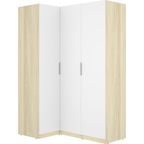 Armoire d'angle placard de rangement à 3 portes battantes, coloris blanc/Chêne clair - Hauteur 184 x Longueur 142,4 x Profondeur 95 cm (1/5)