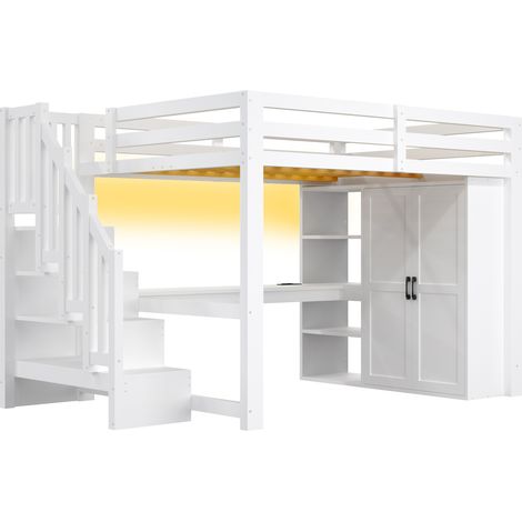 Cama alta 140x200 cm con escritorio, estantería, armario, escalera, USB y LED, blanca (1/5)