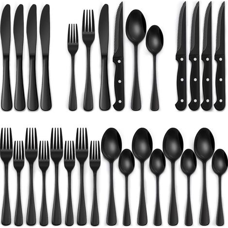 Ensemble de 24 couteaux à steak noirs pour 4 personnes, en acier inoxydable de qualité alimentaire, finition miroir, noir.
