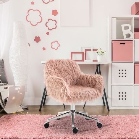 Chaise de bureau ergonomique en fausse fourrure rose, hauteur réglable, avec roulettes HAVRYA (1/5)