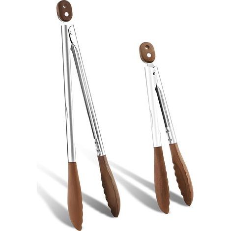 Lot de 2 pinces de cuisine en acier inoxydable et bois - Une grande pince à barbecue mesure 38 cm et une petite pince à viande de 31 cm (1/5)