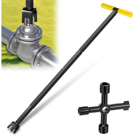Clé de compteur d'eau avec outil 4 voies en acier au carbone en forme de T - 43 à 94 cm - Longueur réglable - Clé universelle pour l'entretien des conduites d'eau et des vannes - Jaune (1/5)
