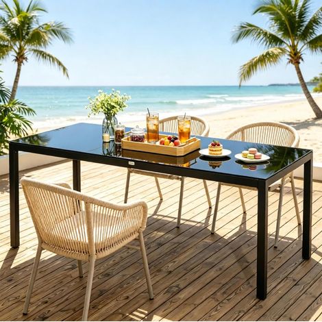 Table de jardin 180x80x72 cm en aluminium et verre trempé noir, moderne pour terrasse FloraGrace (1/5)