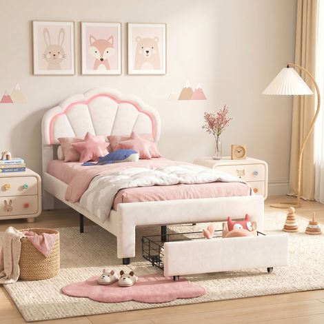 BLANKETSWARM - Lit simple 90x200 cm avec LED– Tête de lit fleurie en velours – Sommier à lattes – 1 tiroirs – Adapté enfants et adolescents, Blanc