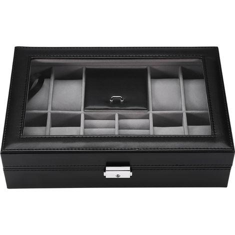 Coffret de Rangement pour Montres et Bijoux 8 Emplacements 2 Étagères, Boîte Organisatrice Multifonctionnelle (1/5)