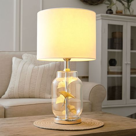 Tischleuchte Tischlampe Beistellleuchte Blätter Esszimmerlampe Textilschirm weiß, Glas Kunststoff Metall Textil, 1x E27 Fassung, DxH 25x38 cm