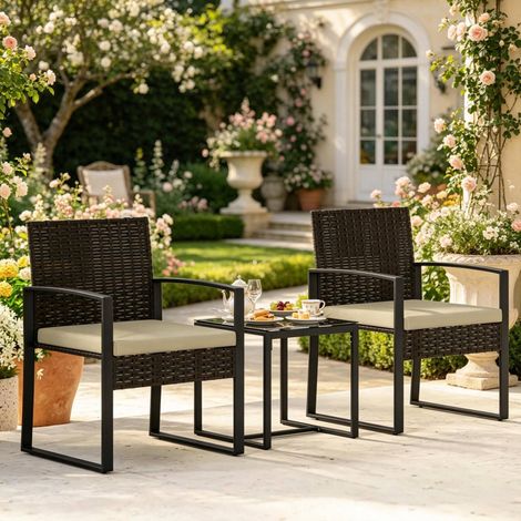 Conjunto bistró exterior de ratán PE negro 55x58x76 cm para balcón FloraGrace (1/5)