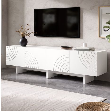 Weißes TV-Lowboard mit 4 Türen, geometrischem Bogenmuster, MDF/Spanplatte, 170 cm (1/5)