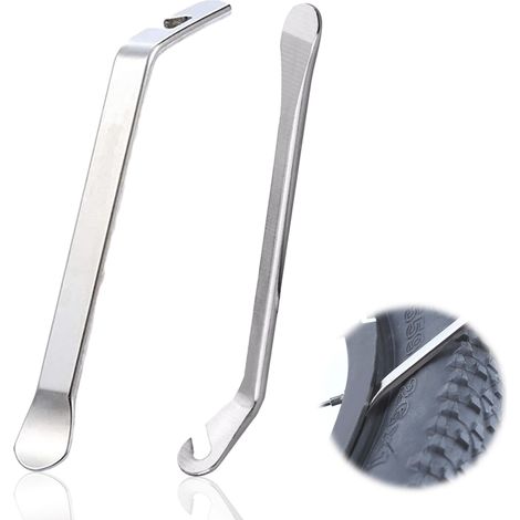 2 démonte-pneus, en acier inoxydable, pointe biseautée et crochet intégré, pour vélo/VTT/course/trottinette (1/5)