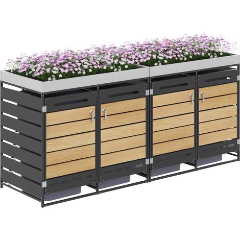 Cache-bacs à ordures avec bac à plantes, lattes horizontales imitation bois, ventilation à fentes oblongues, armoire de rangement de jardin tout en fer avec serrure