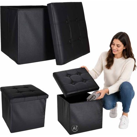 Black Faux Leather Storage Ottoman, Foldable 38x38x36 cm (1/5)