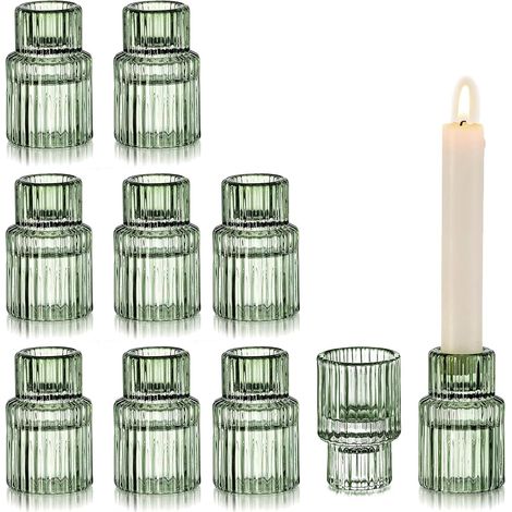Grüne Glasleuchter: Set mit 10 konischen Leuchtern, geriffelte Leuchter für das Wohnzimmer, kleine Leuchter zur Tischdekoration. (1/5)