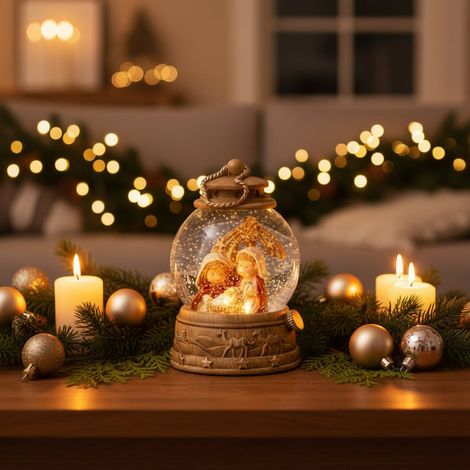Sfera d'acqua con natività in legno e vetro per decorazioni natalizie h 10,5 cm -Modello 1 (1/5)