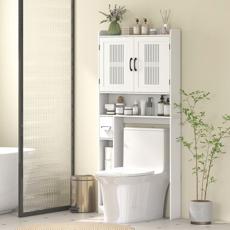WC-Regal mit verstellbarem Einlegeboden, 2 Türen, Toilettenpapierhalter und offenen Ablagen für das Badezimmer, Weiß