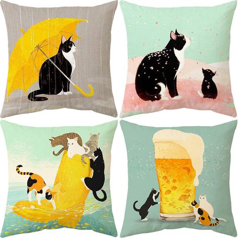 45x45 Chat Noir Décoratif Housses Coussins pour Canapé Salon Lit Extérieur Lot de 4 Animaux Imprimé Taie d'oreiller Enfant en Polyester (1/5)